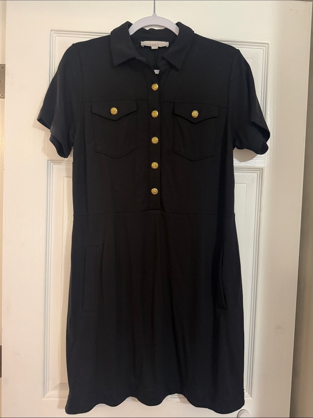 LOFT Black Short Sleeve Shirt Dress with Gold Buttons